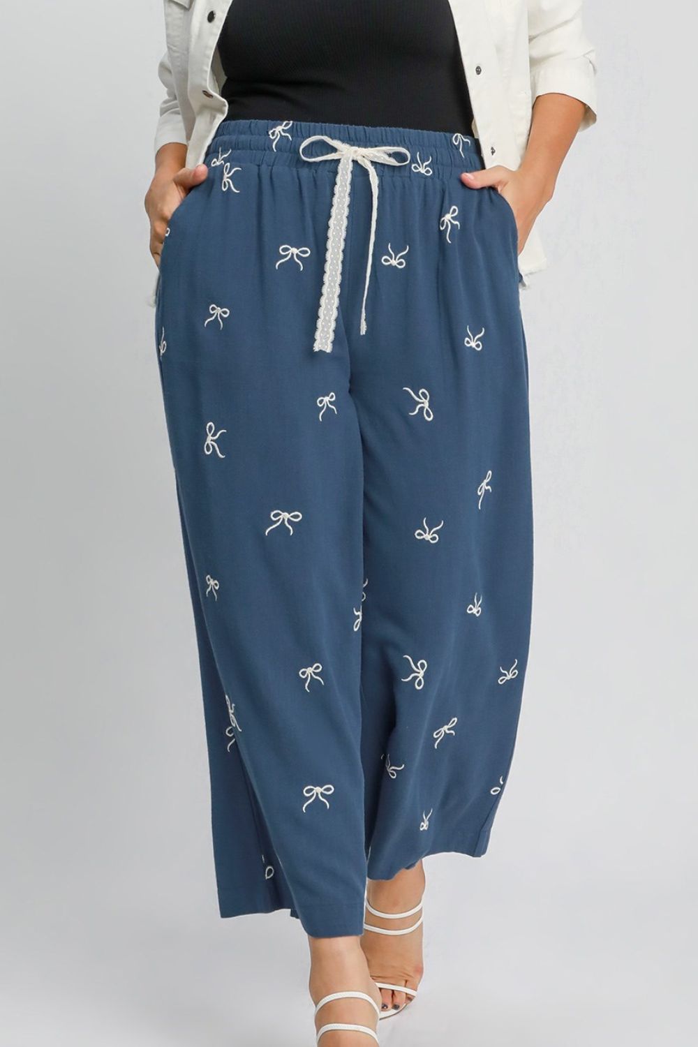 Lace drawstring embroidered bow wide leg pants plus size, opaque.