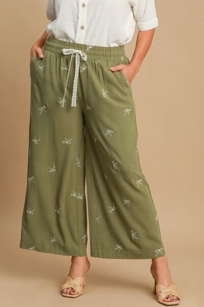 Lace drawstring embroidered bow wide leg pants plus size, opaque.