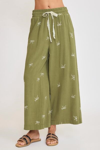 Lace drawstring embroidered bow wide leg pants plus size, opaque.