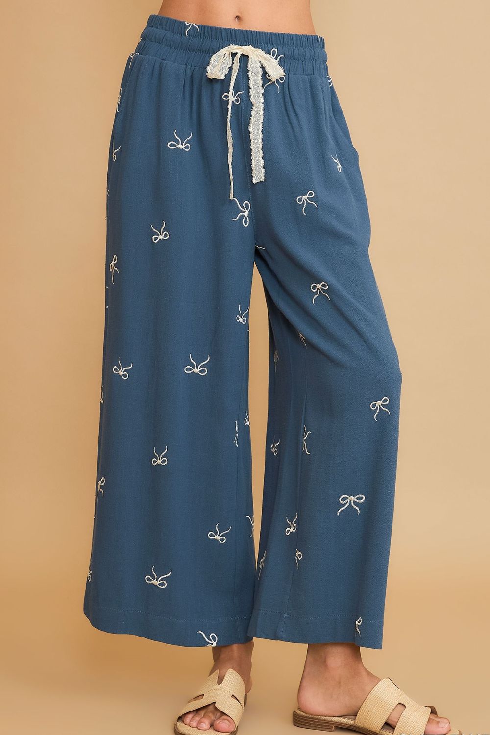 Lace drawstring embroidered bow wide leg pants plus size, opaque.