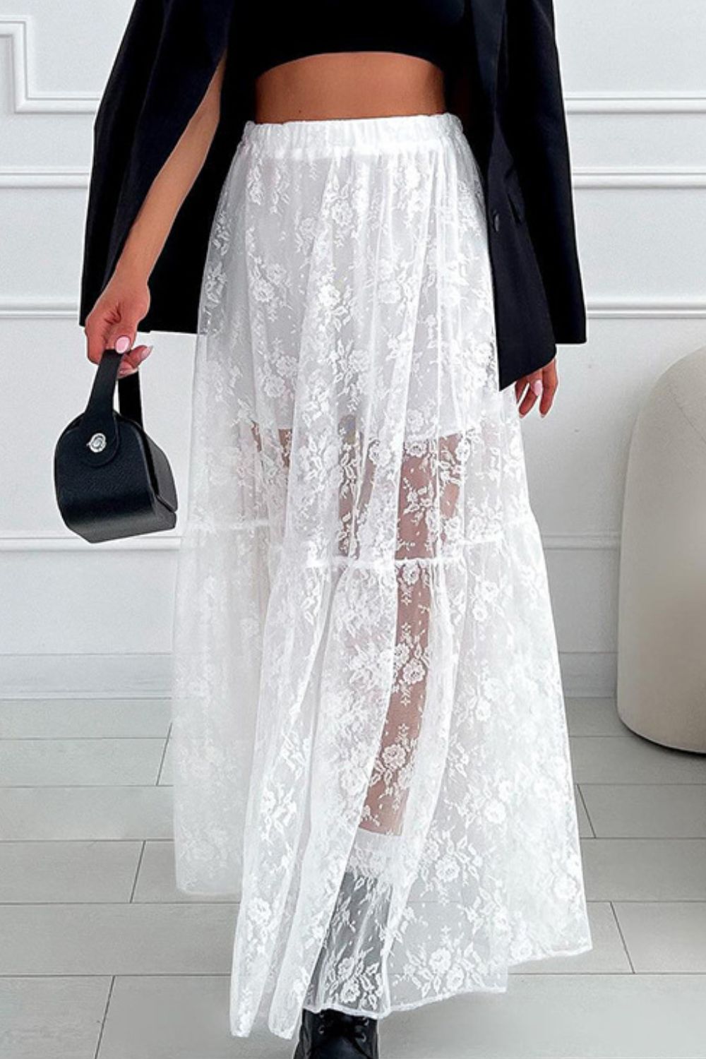 Lace Elastic Waist Maxi Skirt.