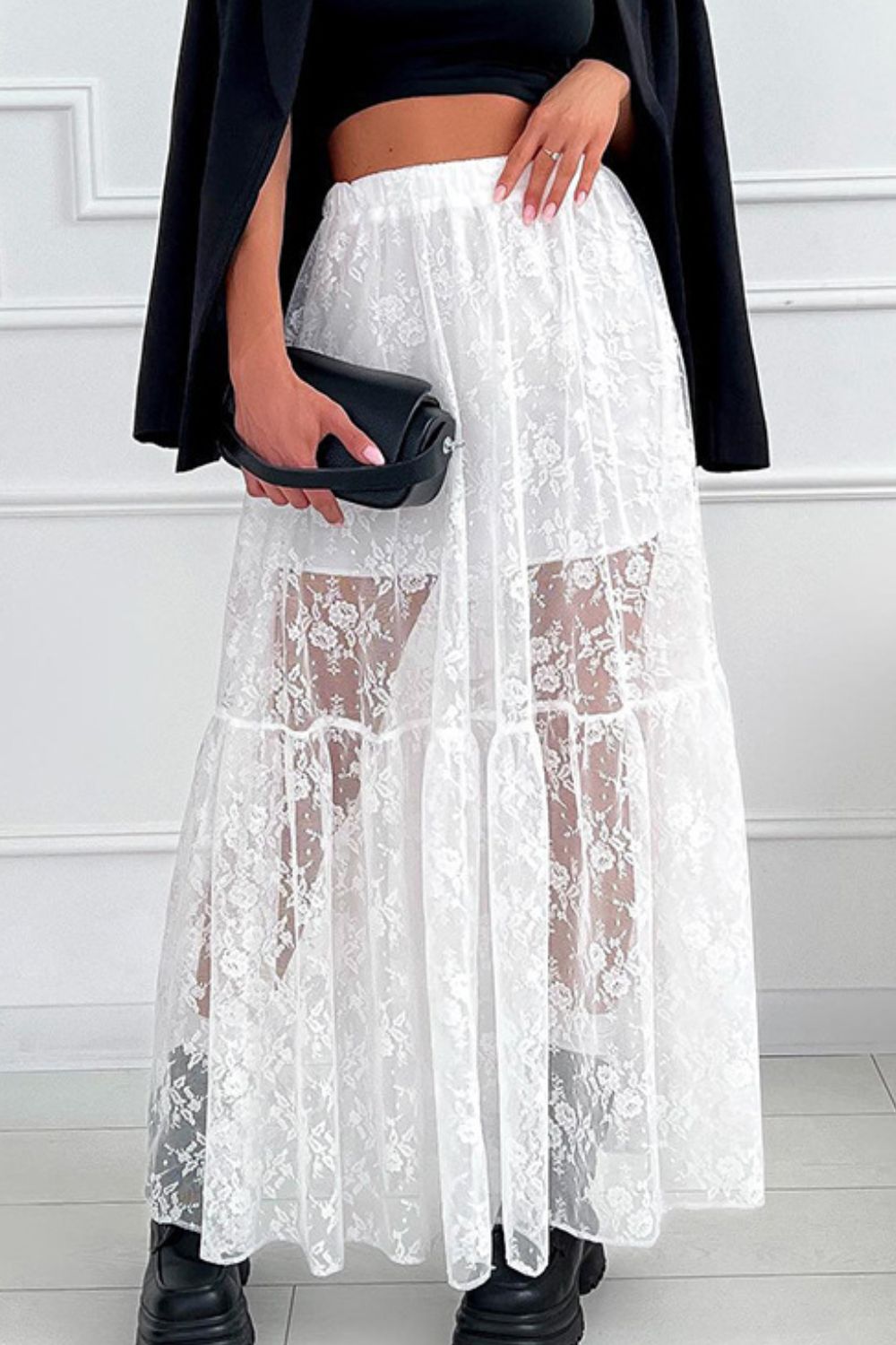 Lace Elastic Waist Maxi Skirt.