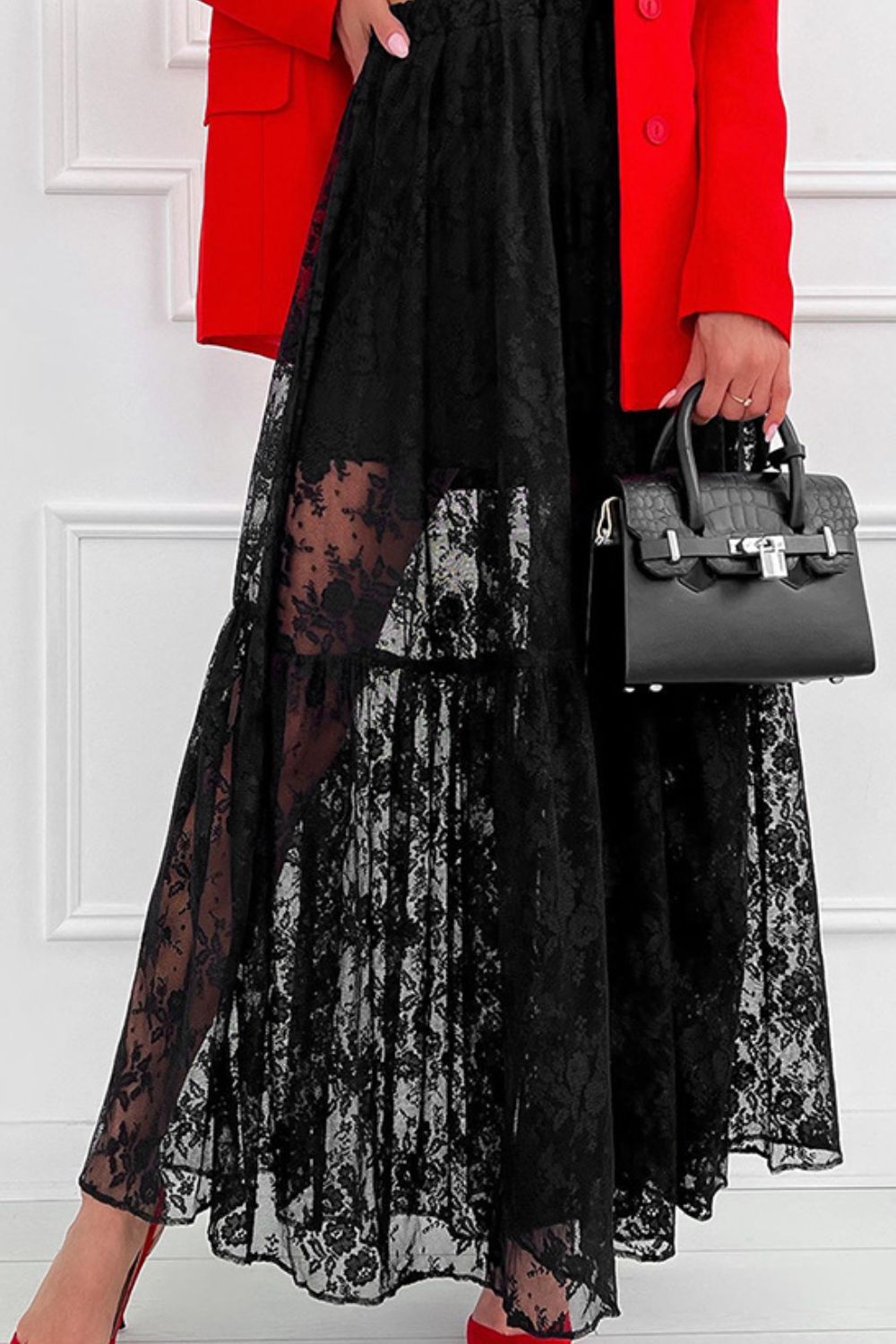Lace Elastic Waist Maxi Skirt.