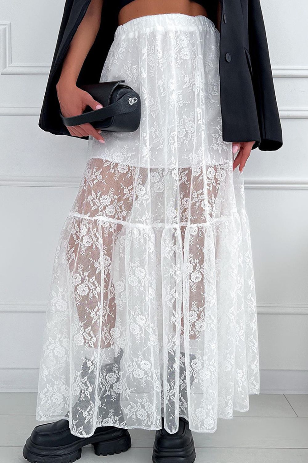Lace Elastic Waist Maxi Skirt.