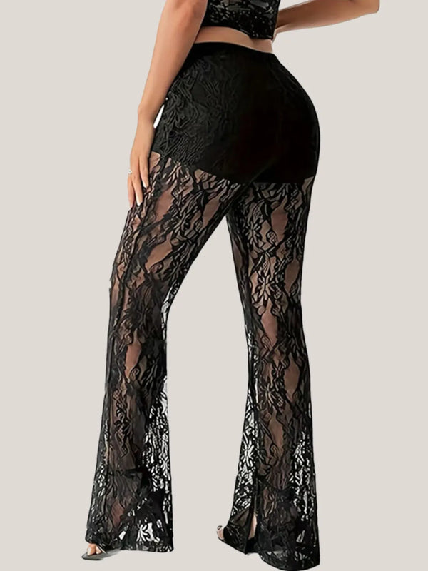 Lace flare pants, sheer.