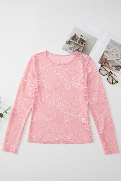 Lace Flower Round Neck Long Sleeve Top.