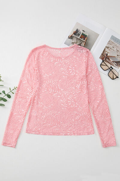 Lace Flower Round Neck Long Sleeve Top.