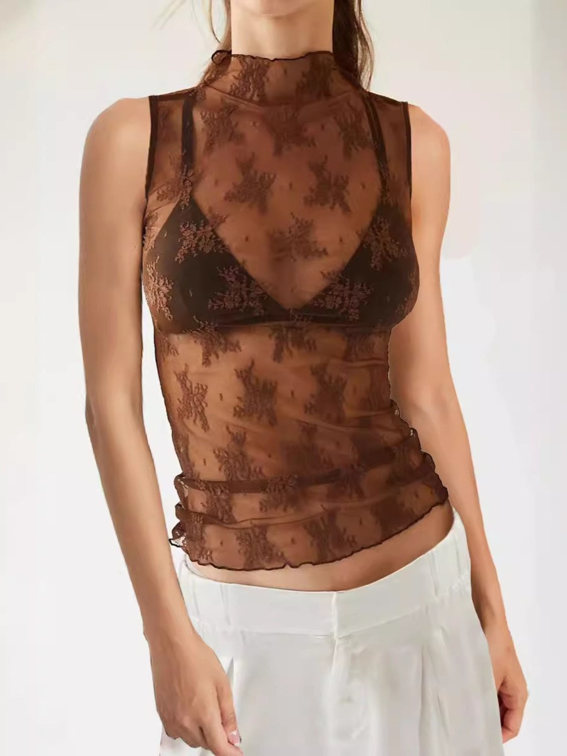 Lace mock neck top.