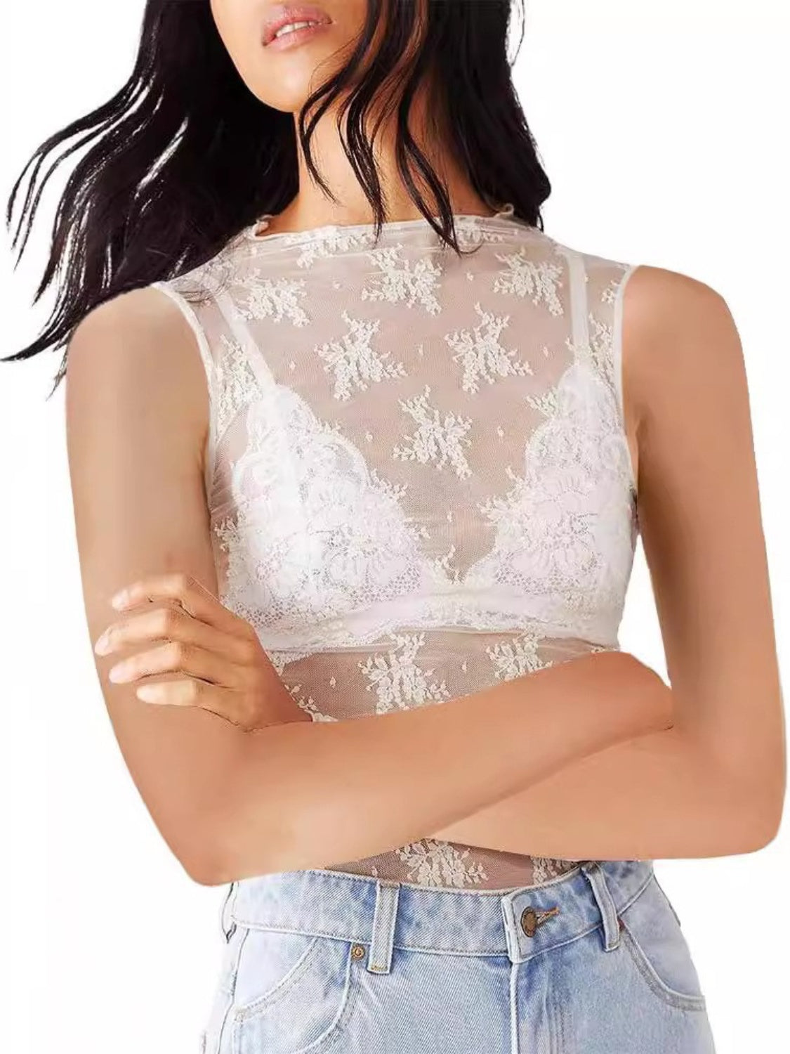 Lace mock neck top.