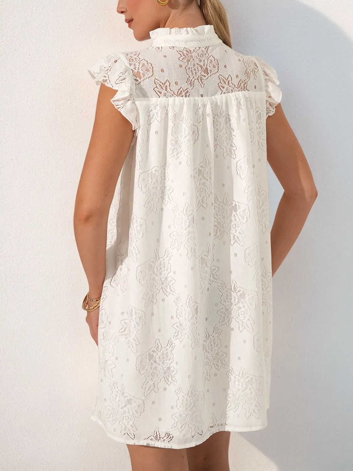 Lace Notched Cap Sleeve Mini Dress.