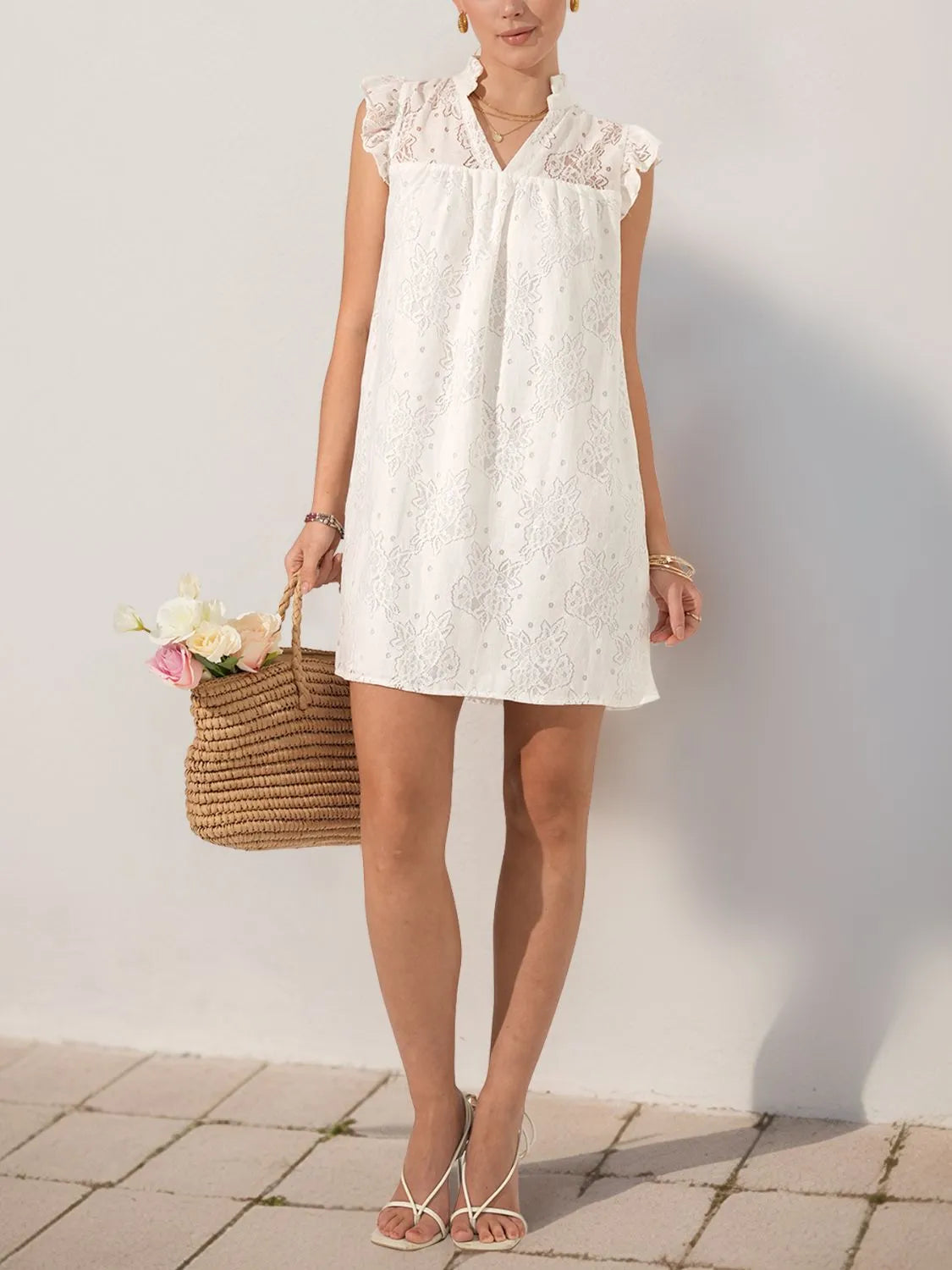 Lace Notched Cap Sleeve Mini Dress.