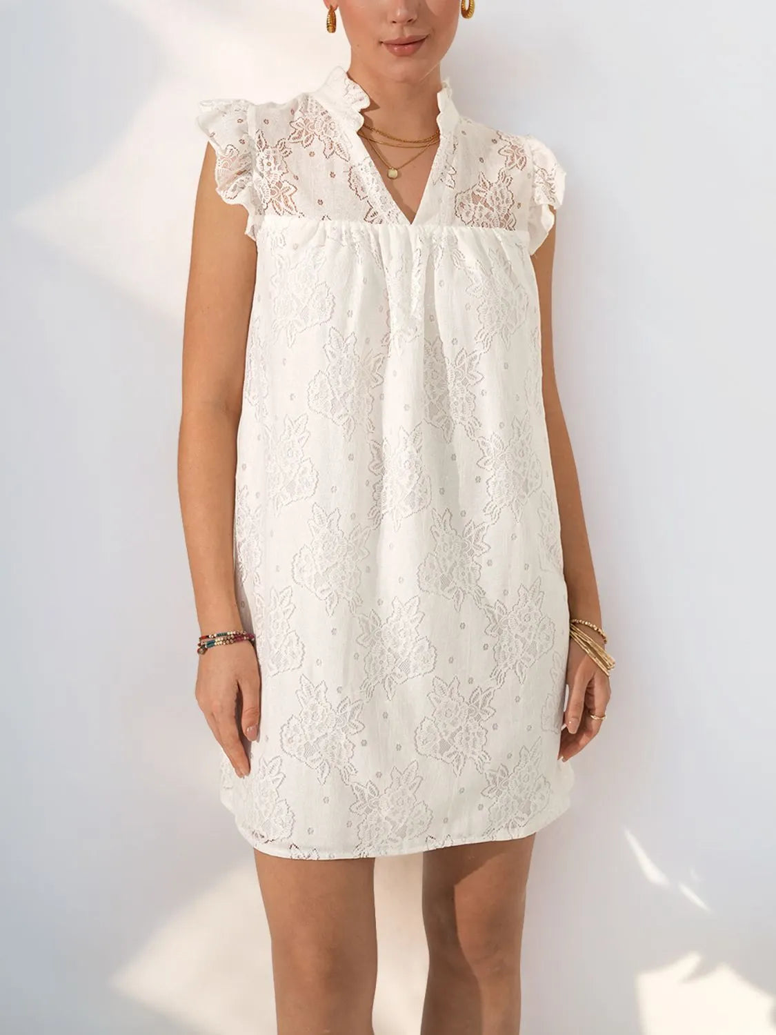 Lace Notched Cap Sleeve Mini Dress.