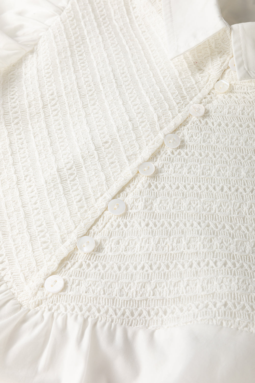 Lace Patchwork Ruffled Cap Sleeve Blouse with Buttoned Details.