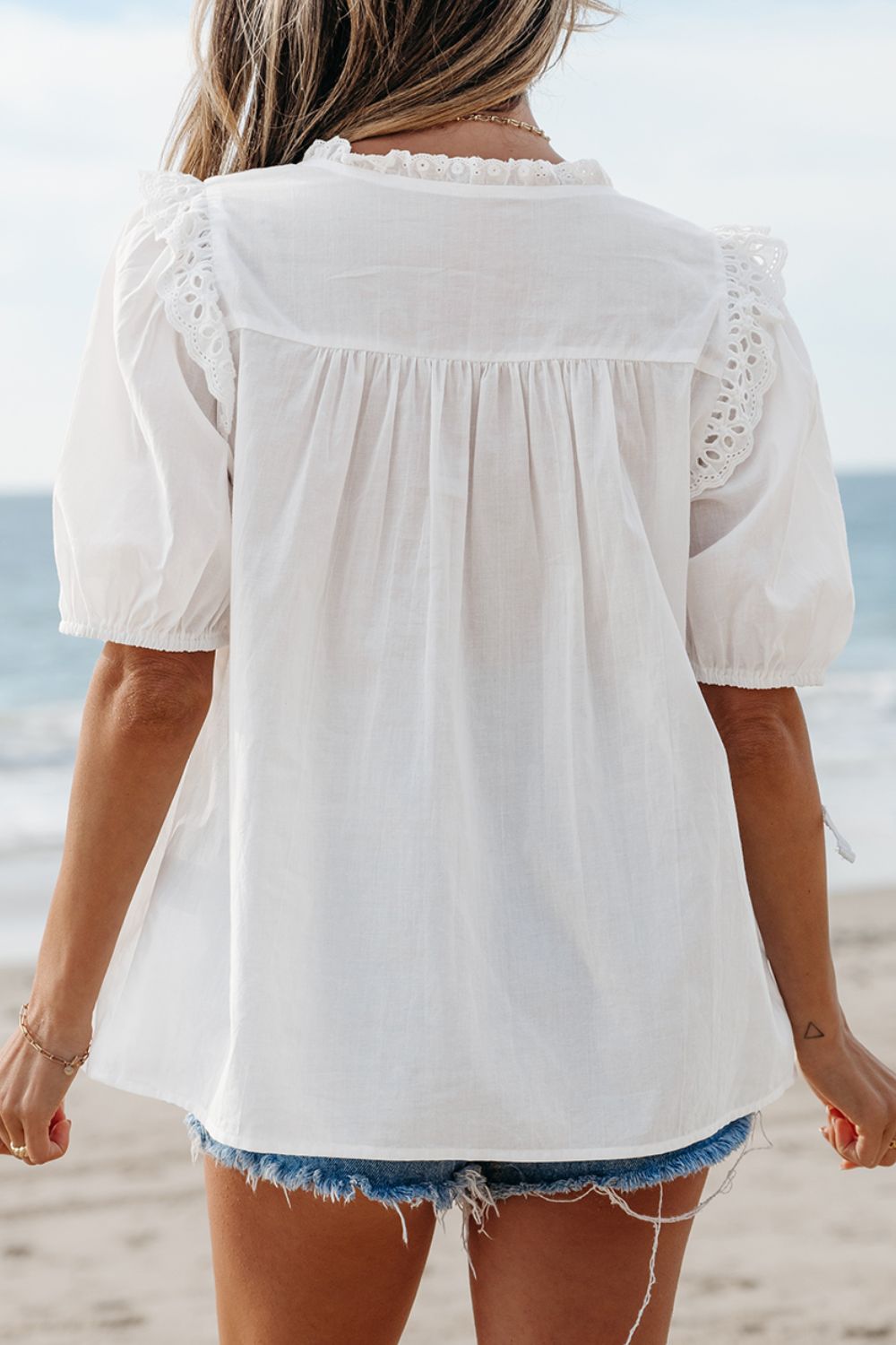 Lace Patchwork Tie Neck Short Sleeve Blouse with Frill.