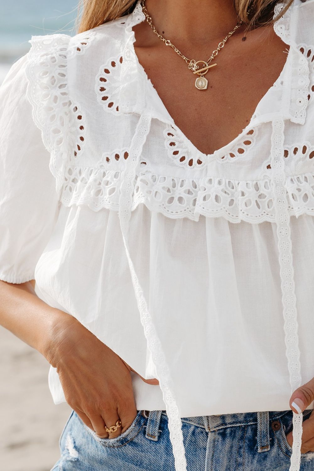 Lace Patchwork Tie Neck Short Sleeve Blouse with Frill.
