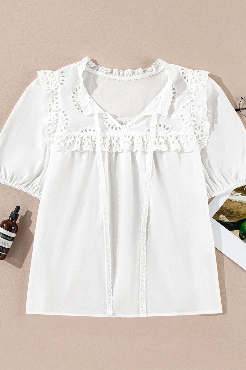 Lace Patchwork Tie Neck Short Sleeve Blouse with Frill.
