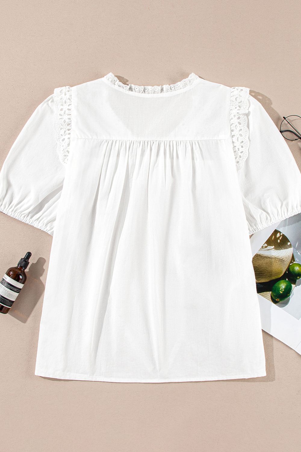 Lace Patchwork Tie Neck Short Sleeve Blouse with Frill.