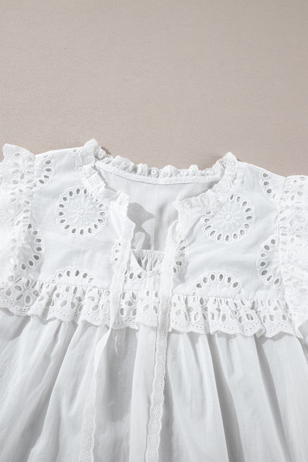 Lace Patchwork Tie Neck Short Sleeve Blouse with Frill.