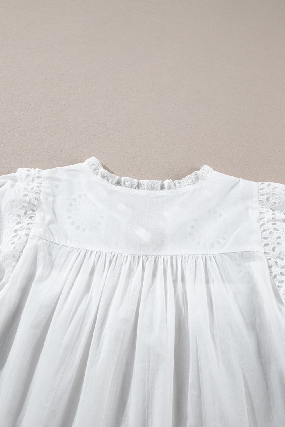 Lace Patchwork Tie Neck Short Sleeve Blouse with Frill.
