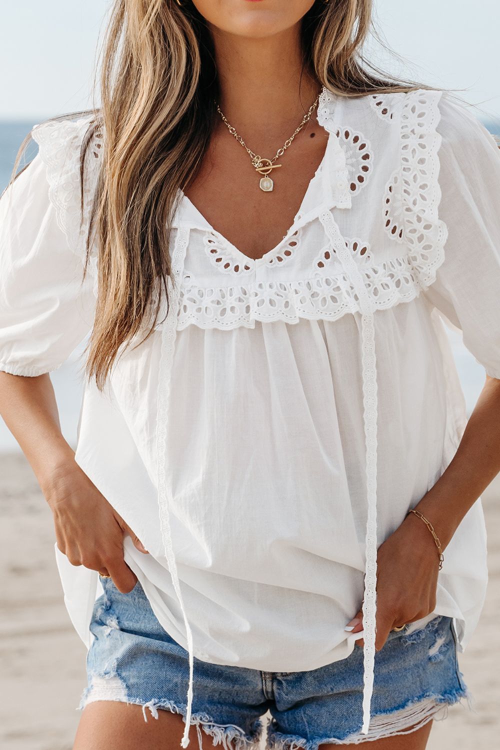 Lace Patchwork Tie Neck Short Sleeve Blouse with Frill.