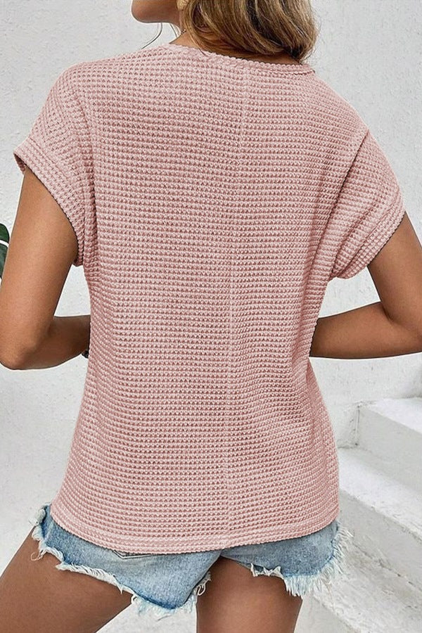 Lace Patchwork Waffle Short Sleeve Knit Top.