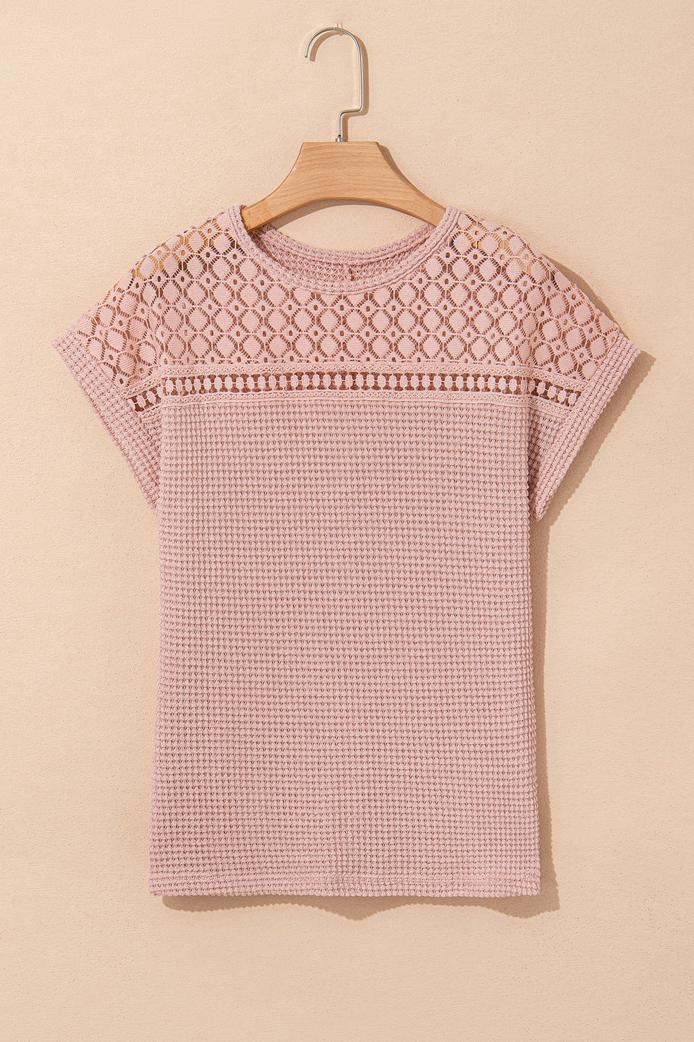 Lace Patchwork Waffle Short Sleeve Knit Top.