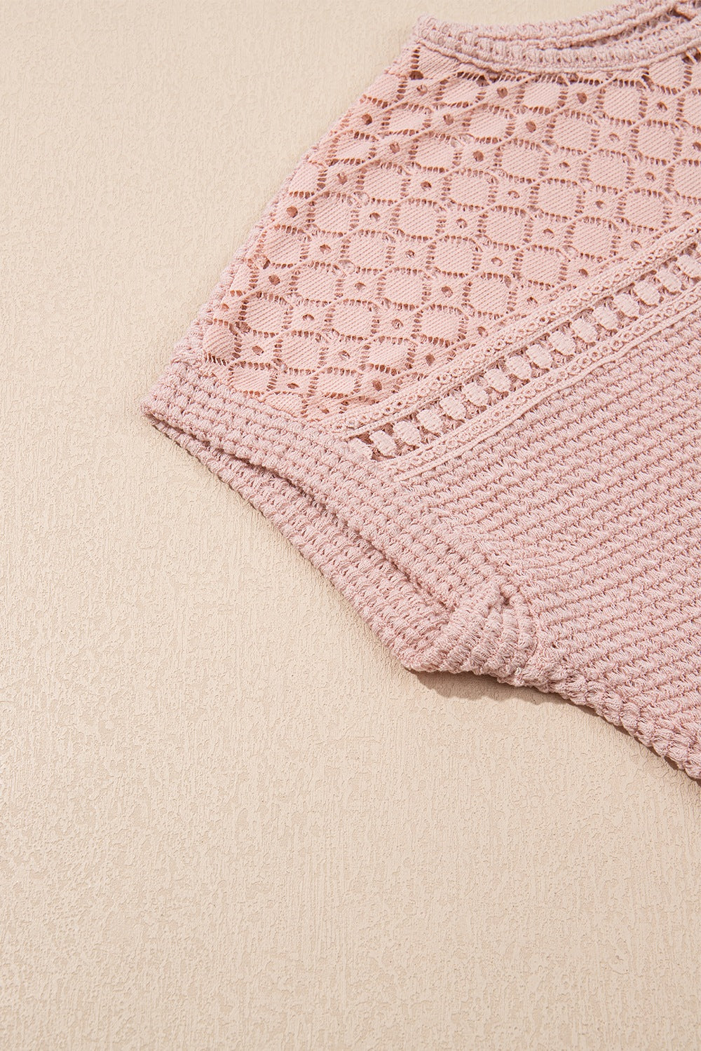 Lace Patchwork Waffle Short Sleeve Knit Top.