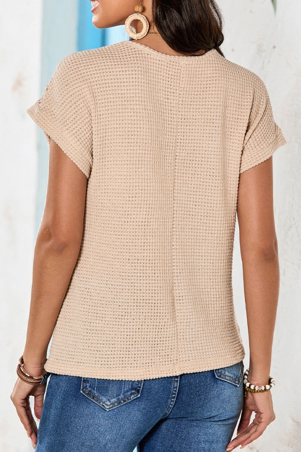 Lace Patchwork Waffle Short Sleeve Knit Top.