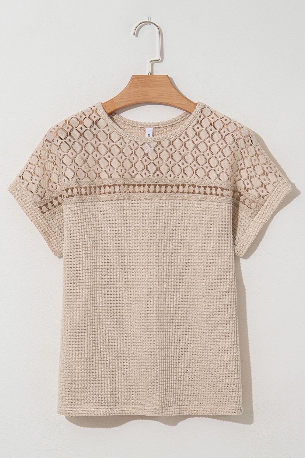 Lace Patchwork Waffle Short Sleeve Knit Top.