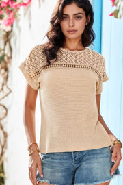 Lace Patchwork Waffle Short Sleeve Knit Top.