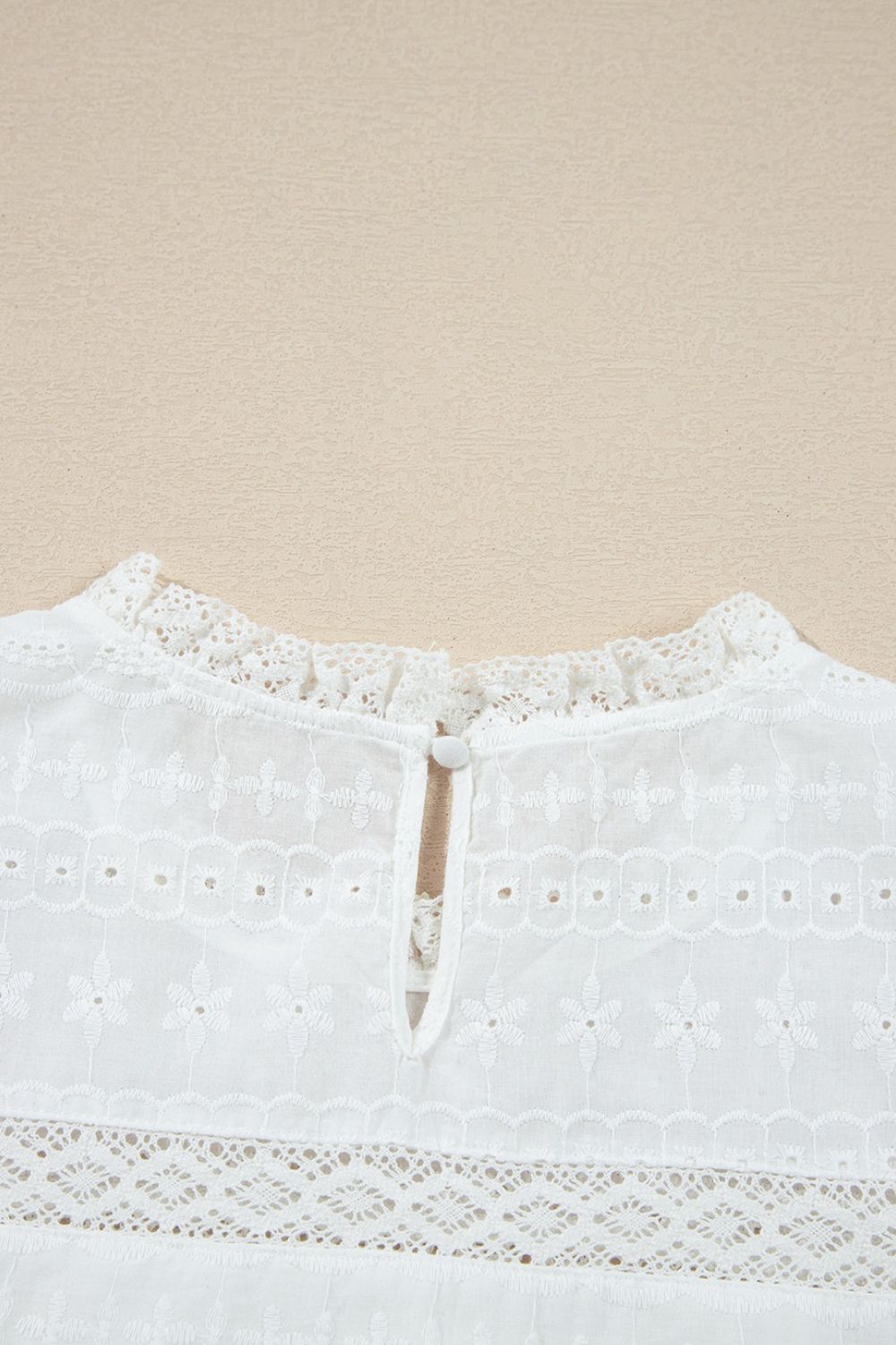 Lace Round Neck Flutter Sleeve Eyelet Blouse with Frill.