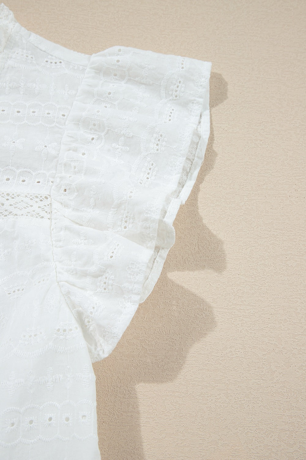 Lace Round Neck Flutter Sleeve Eyelet Blouse with Frill.