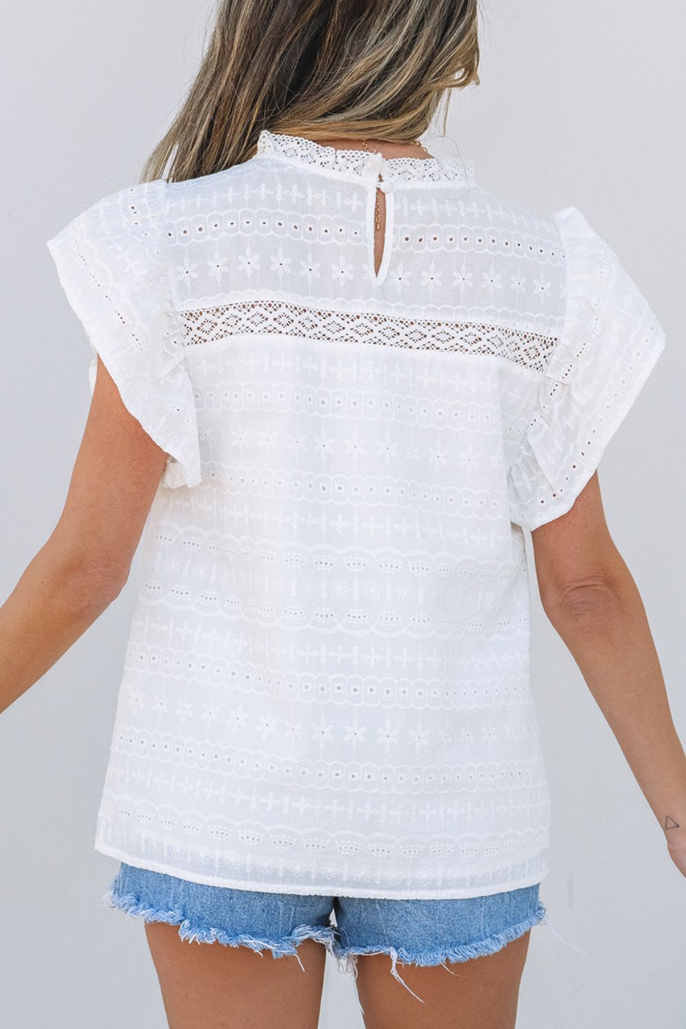 Lace Round Neck Flutter Sleeve Eyelet Blouse with Frill.