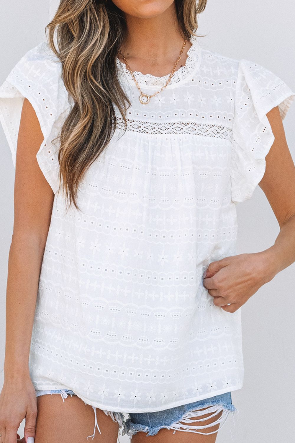 Lace Round Neck Flutter Sleeve Eyelet Blouse with Frill.