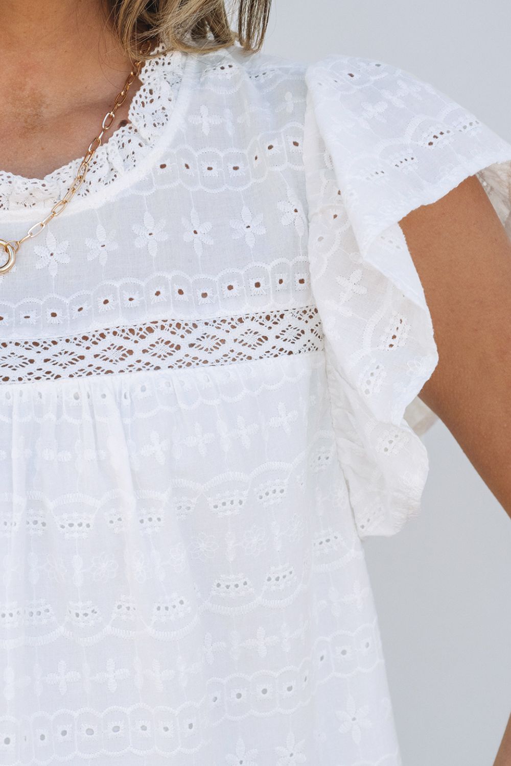 Lace Round Neck Flutter Sleeve Eyelet Blouse with Frill.