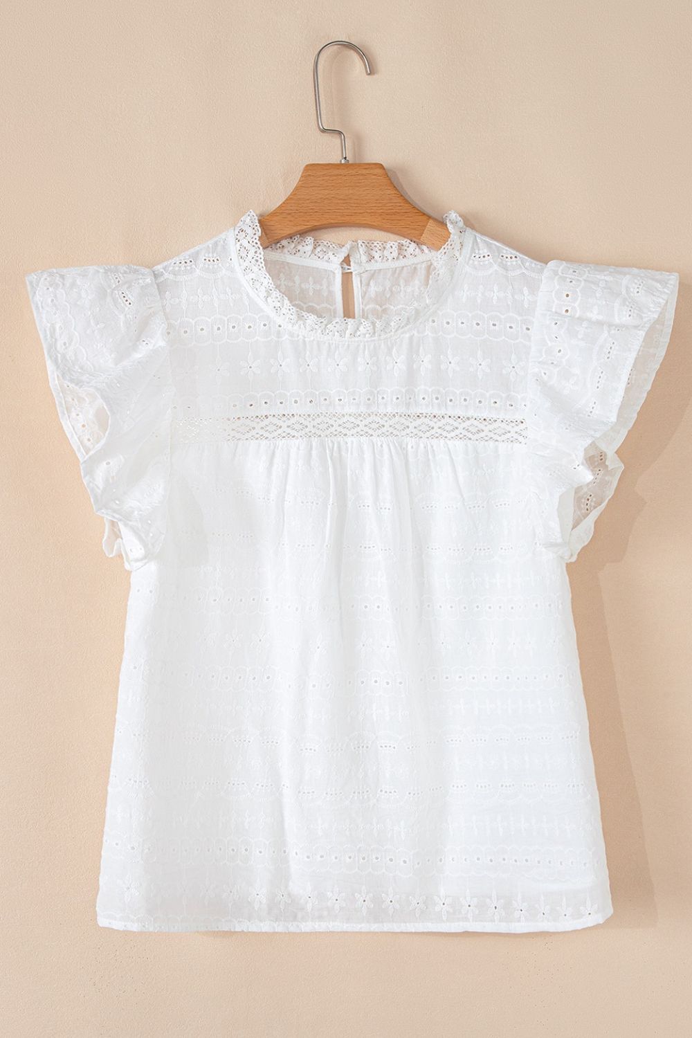 Lace Round Neck Flutter Sleeve Eyelet Blouse with Frill.