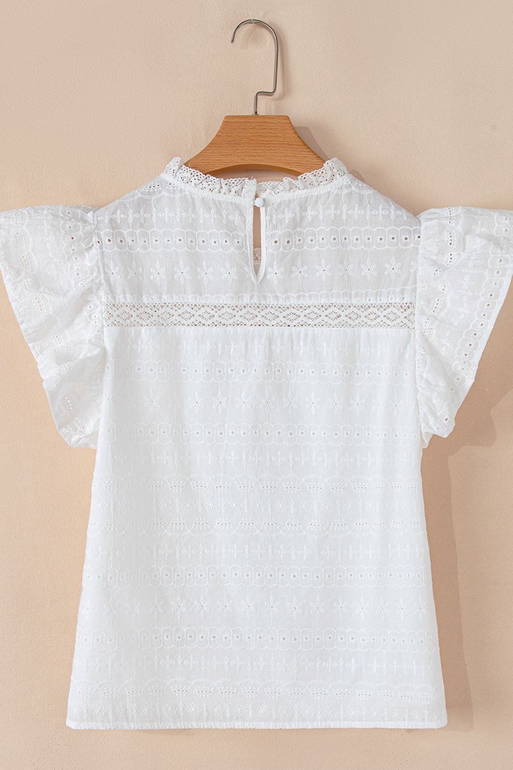 Lace Round Neck Flutter Sleeve Eyelet Blouse with Frill.