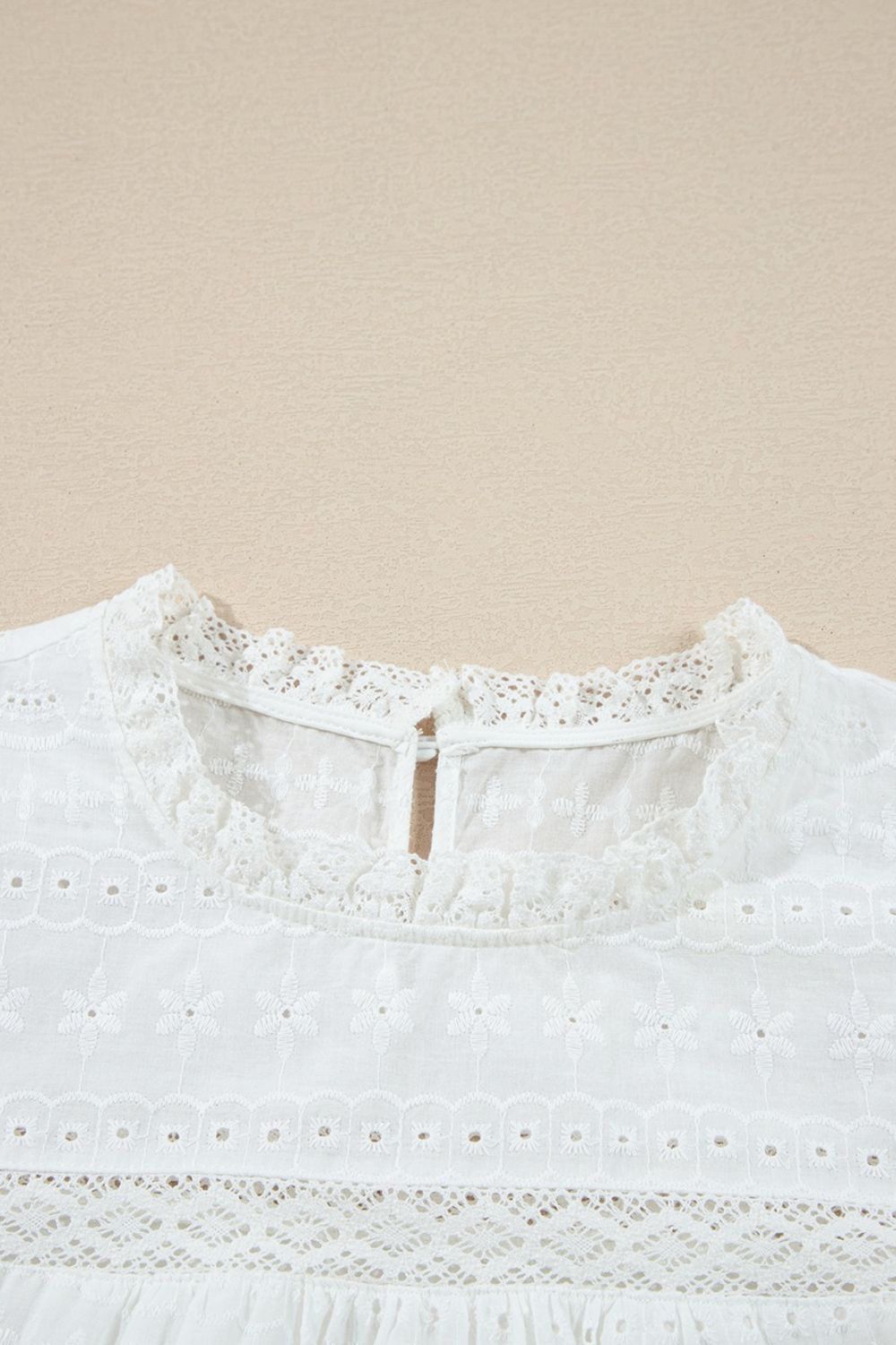 Lace Round Neck Flutter Sleeve Eyelet Blouse with Frill.