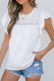Lace Round Neck Flutter Sleeve Eyelet Blouse with Frill.