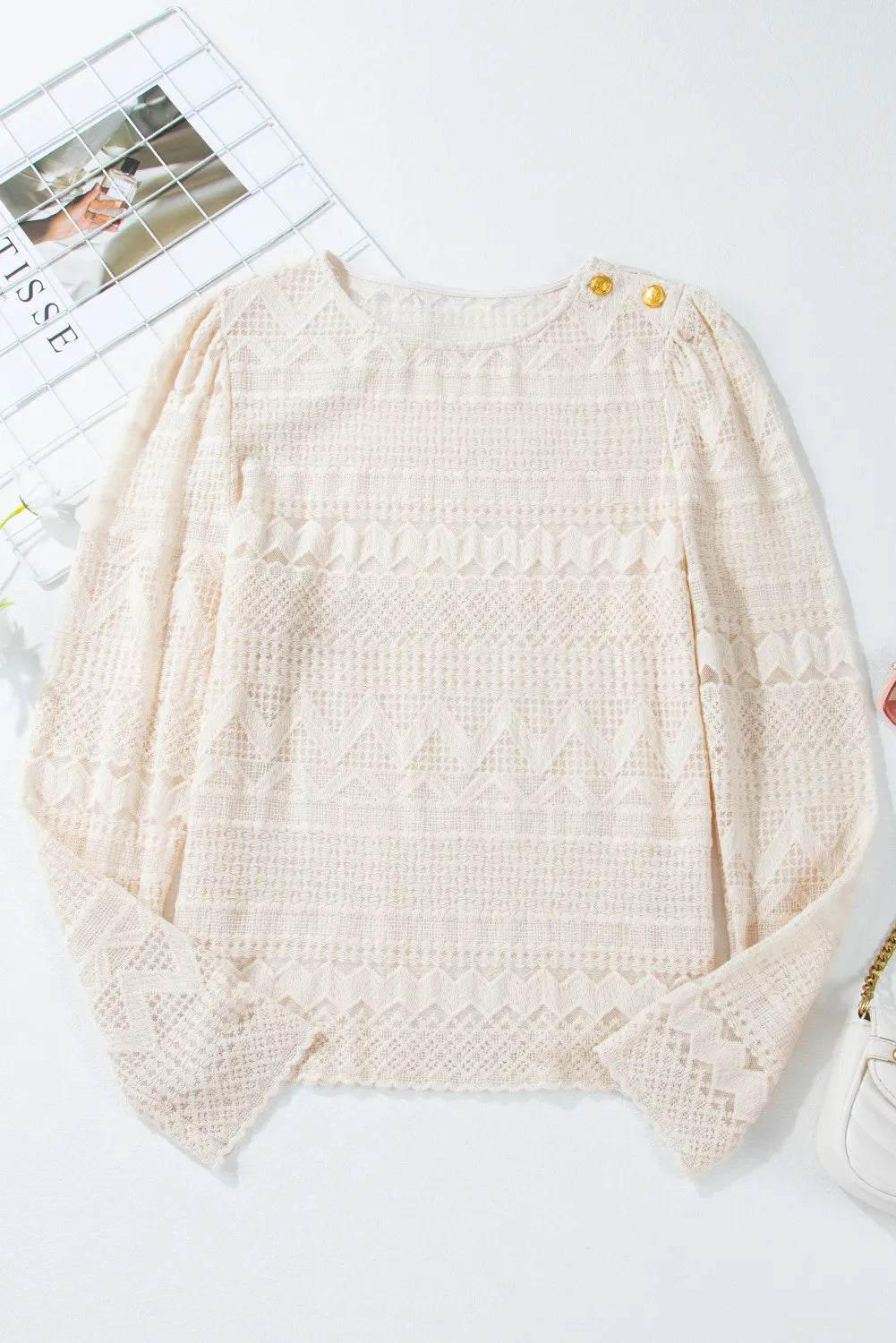 Lace Round Neck Long Sleeve Blouse.