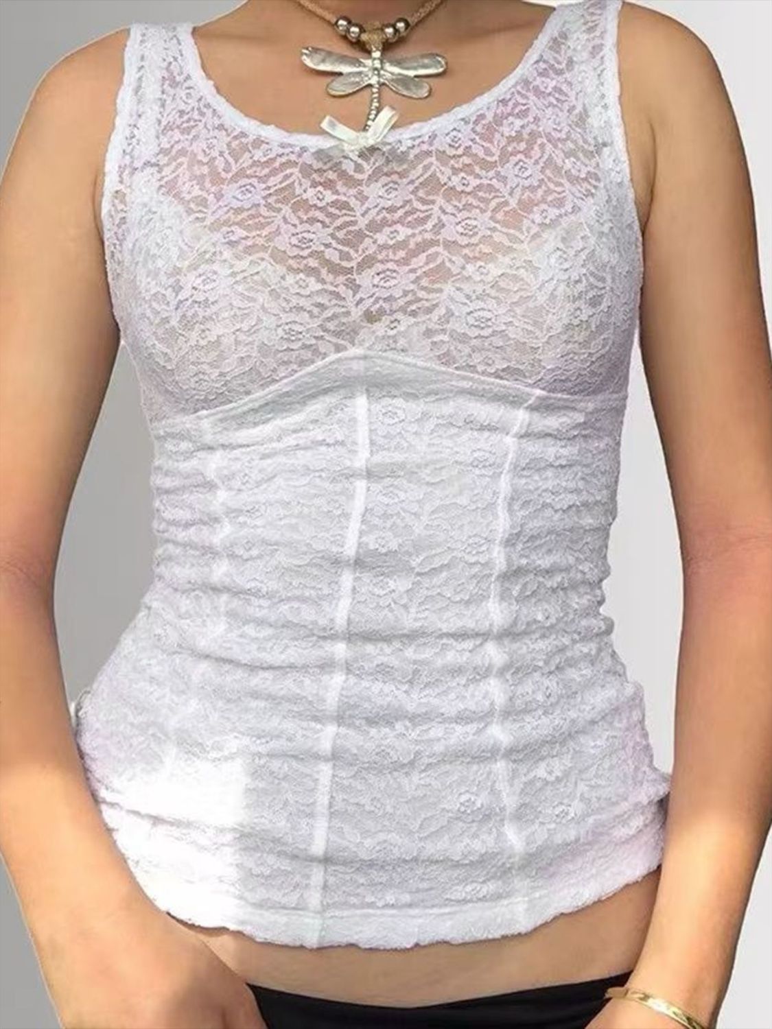 Lace round neck tank, semi-sheer and highly stretchy.