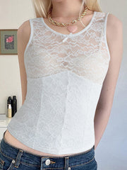 Lace round neck tank, semi-sheer and highly stretchy.