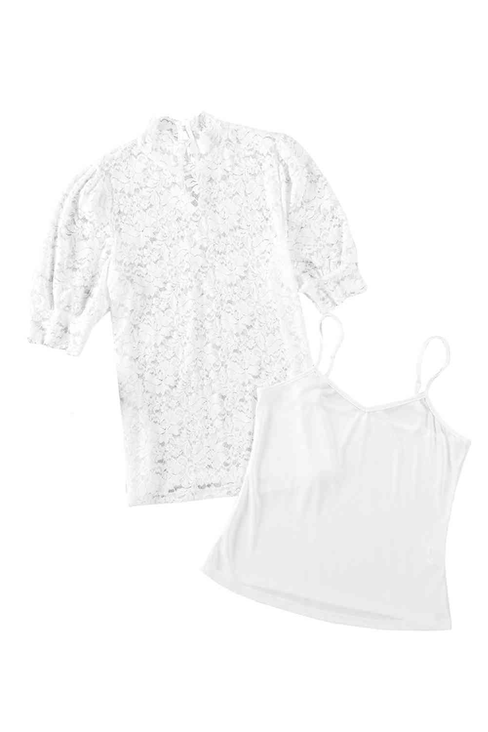 Lace Scalloped Short Puff Sleeve Top.
