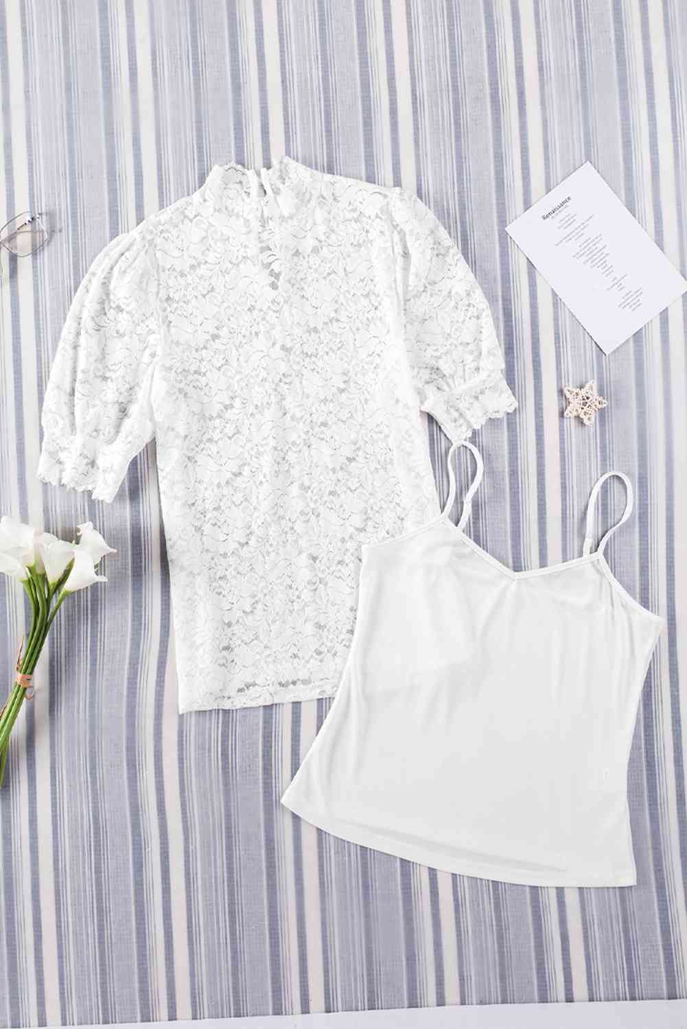 Lace Scalloped Short Puff Sleeve Top.