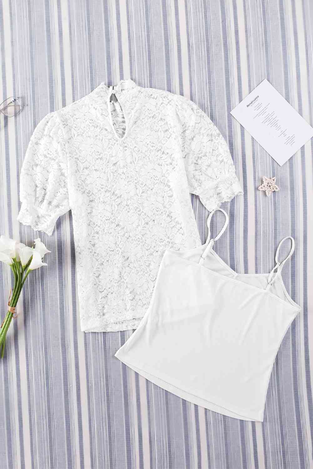 Lace Scalloped Short Puff Sleeve Top.