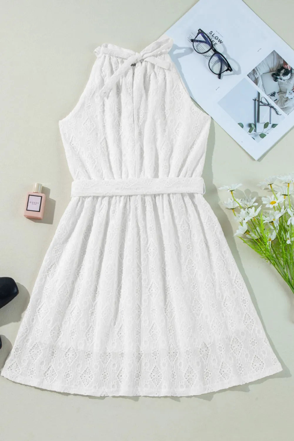Lace Sleeveless Tied Waist Mini Dress.