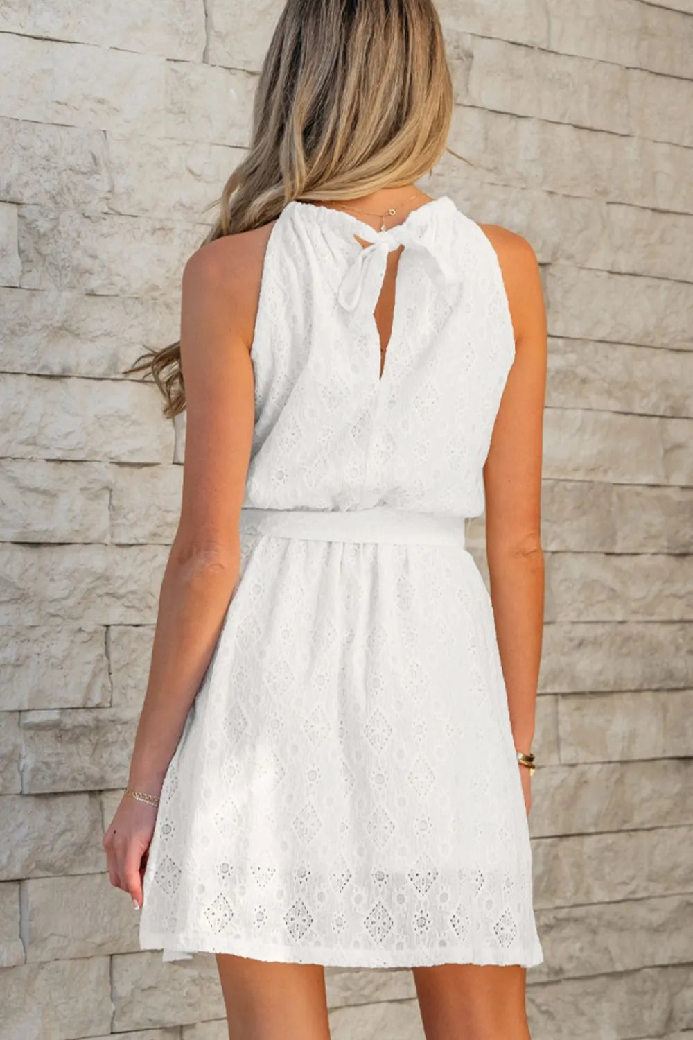 Lace Sleeveless Tied Waist Mini Dress.