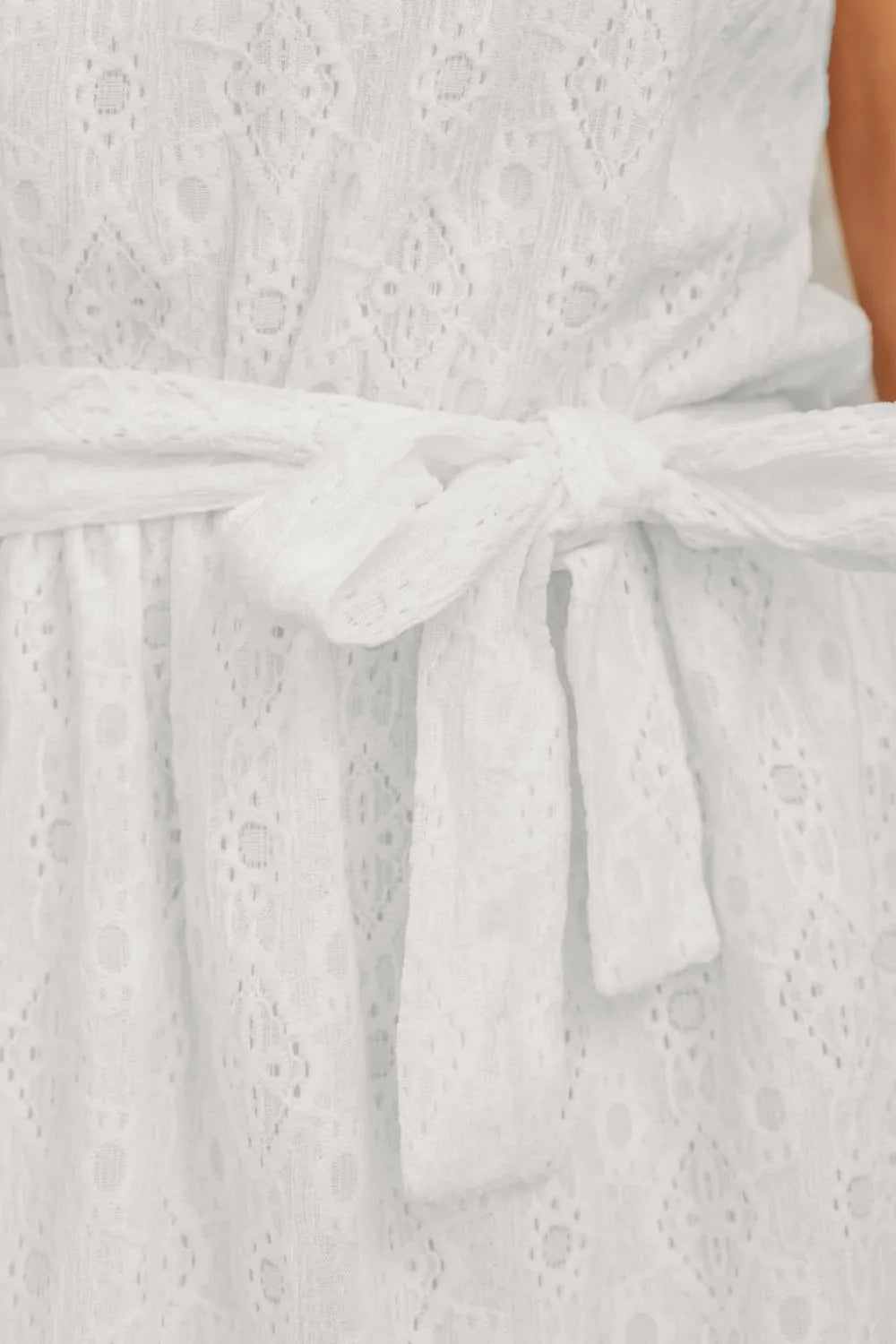 Lace Sleeveless Tied Waist Mini Dress.