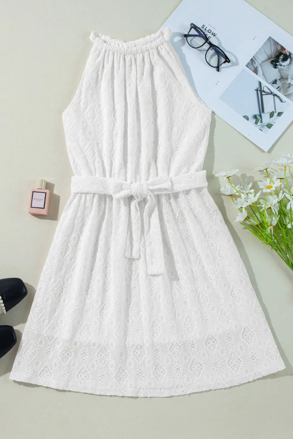 Lace Sleeveless Tied Waist Mini Dress.