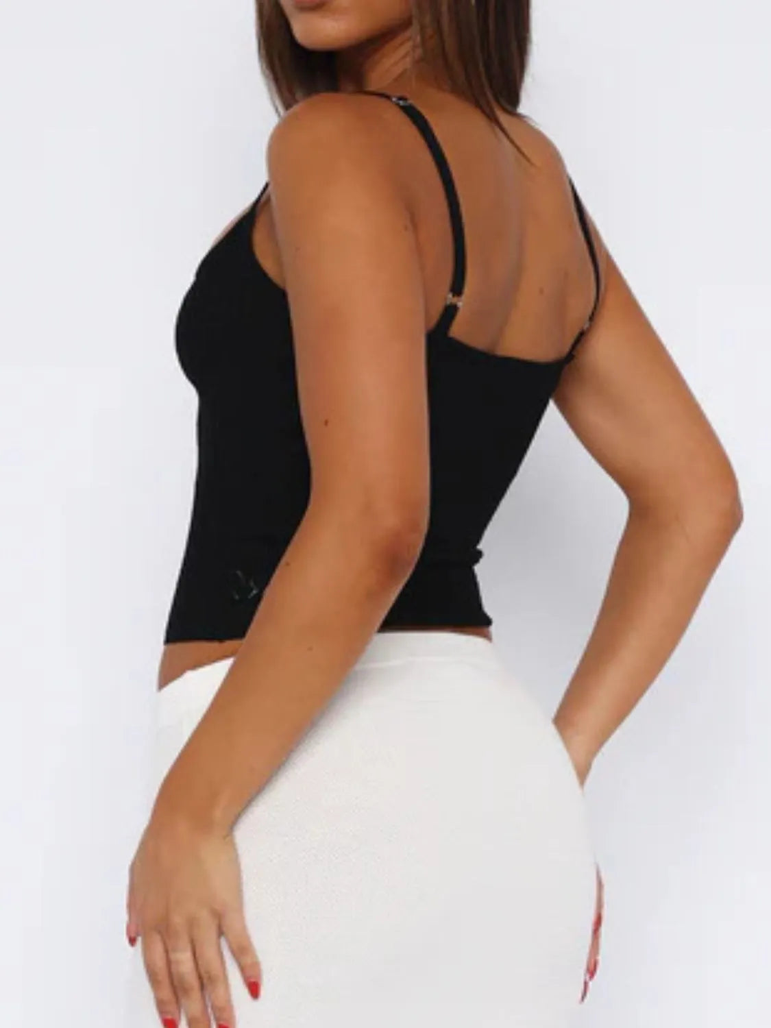 Lace square neck cami with cutout.